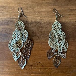 Gold tone leaf shaped filigree earrings